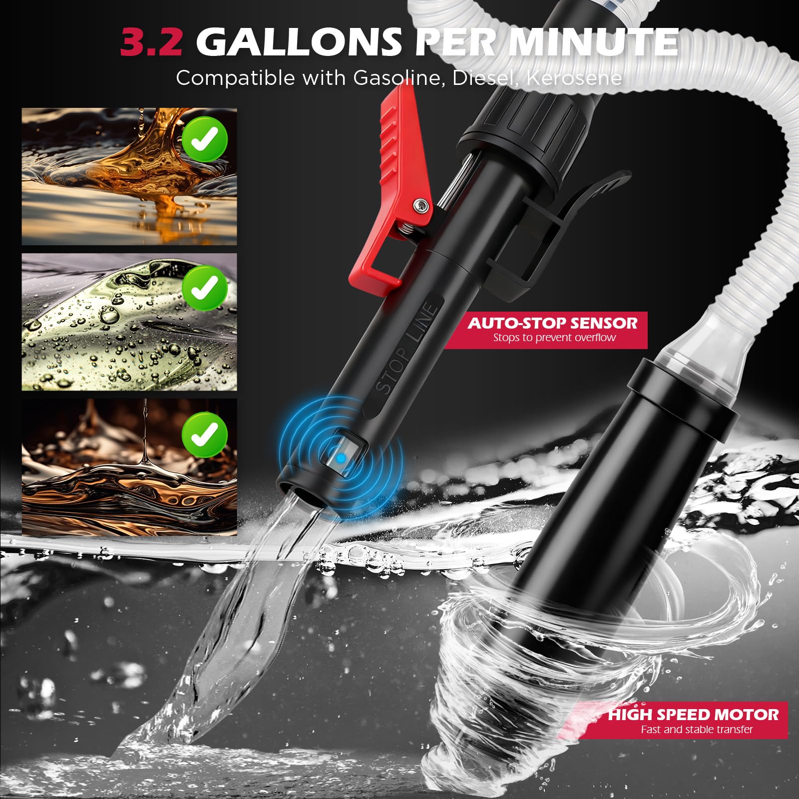 SEDY long intake hose reaching bottom to maximize fluid extraction