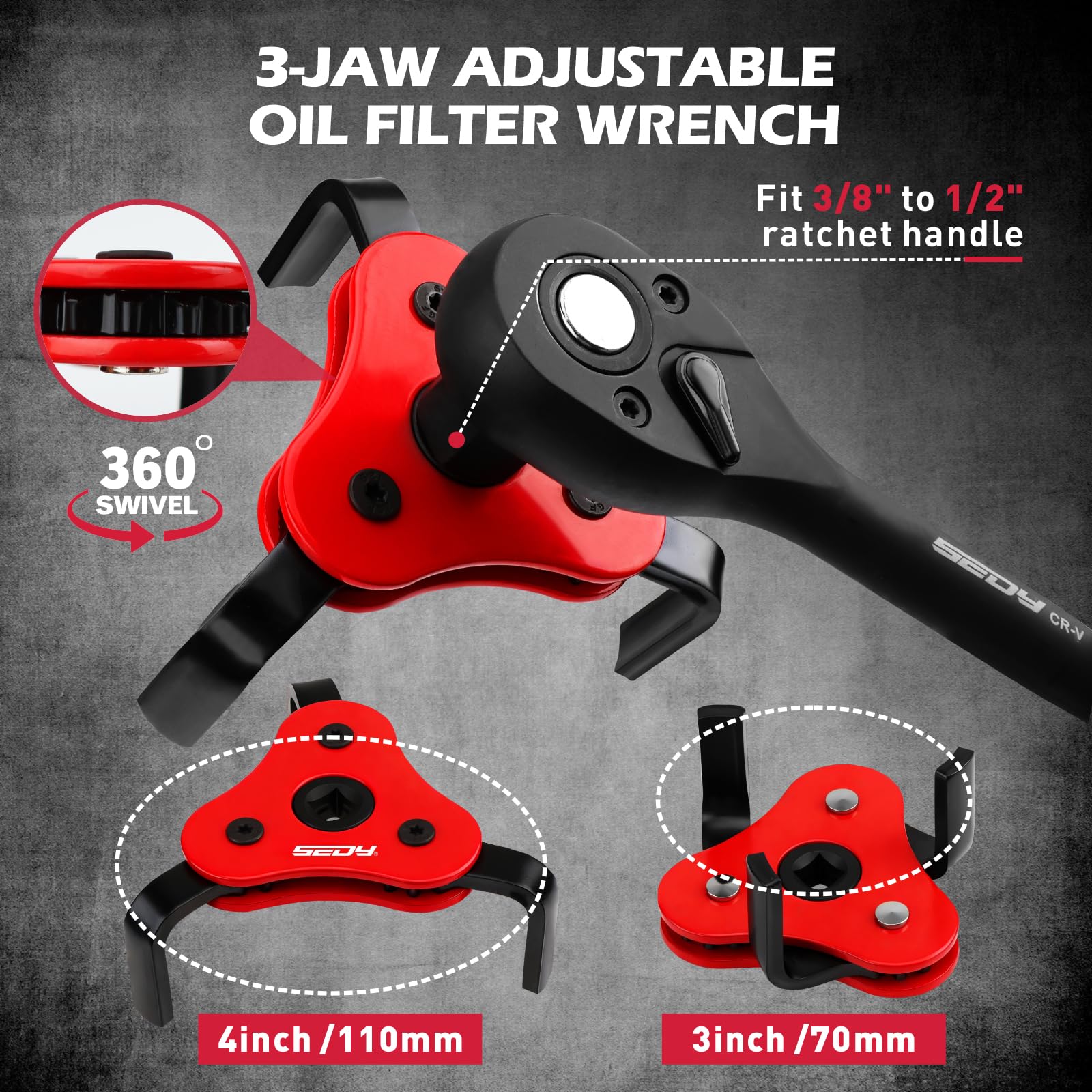 SEDY ratchet and adapter detail enabling fast drive size changes