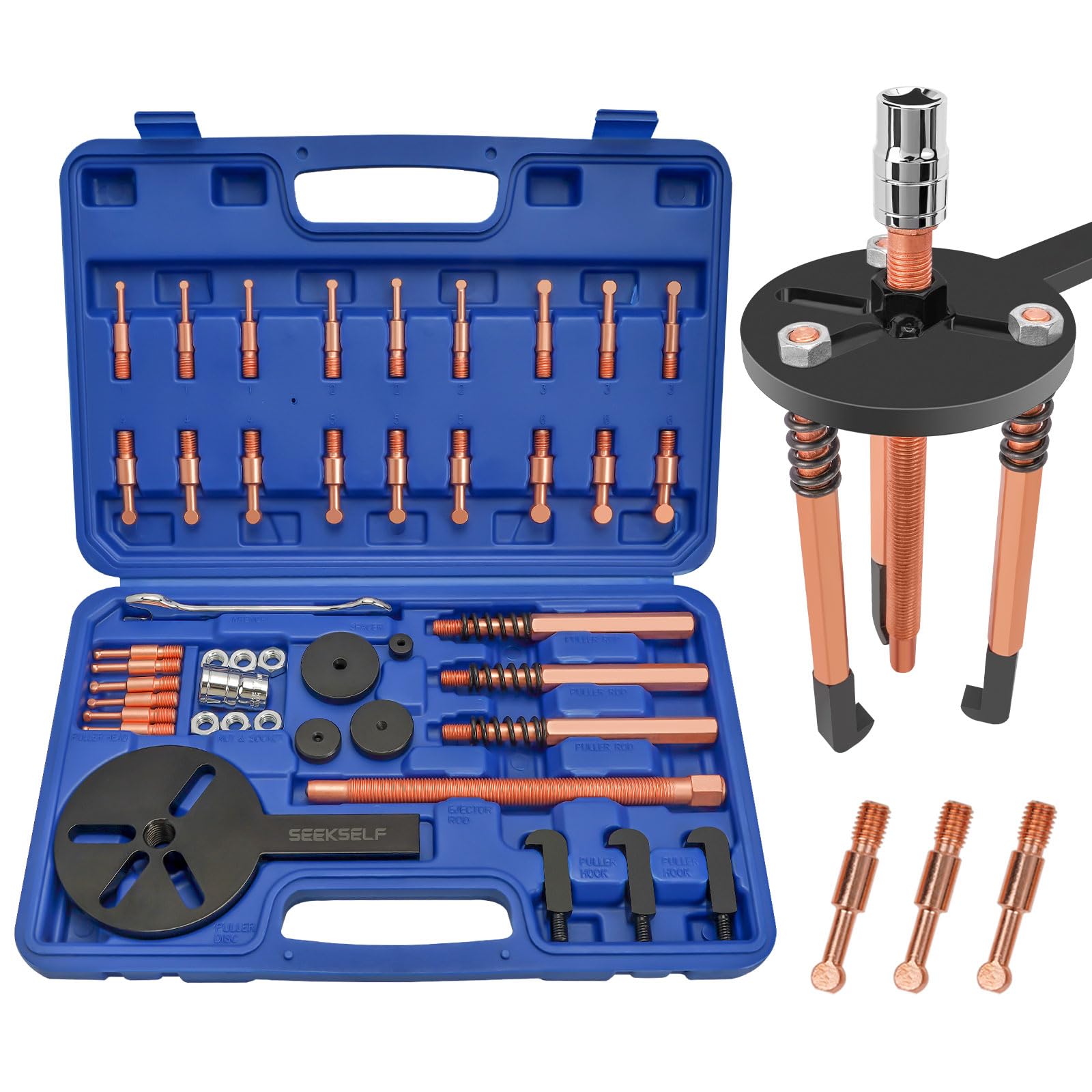 SEEKSELF front view open case with organized puller kit, shows portability benefit
