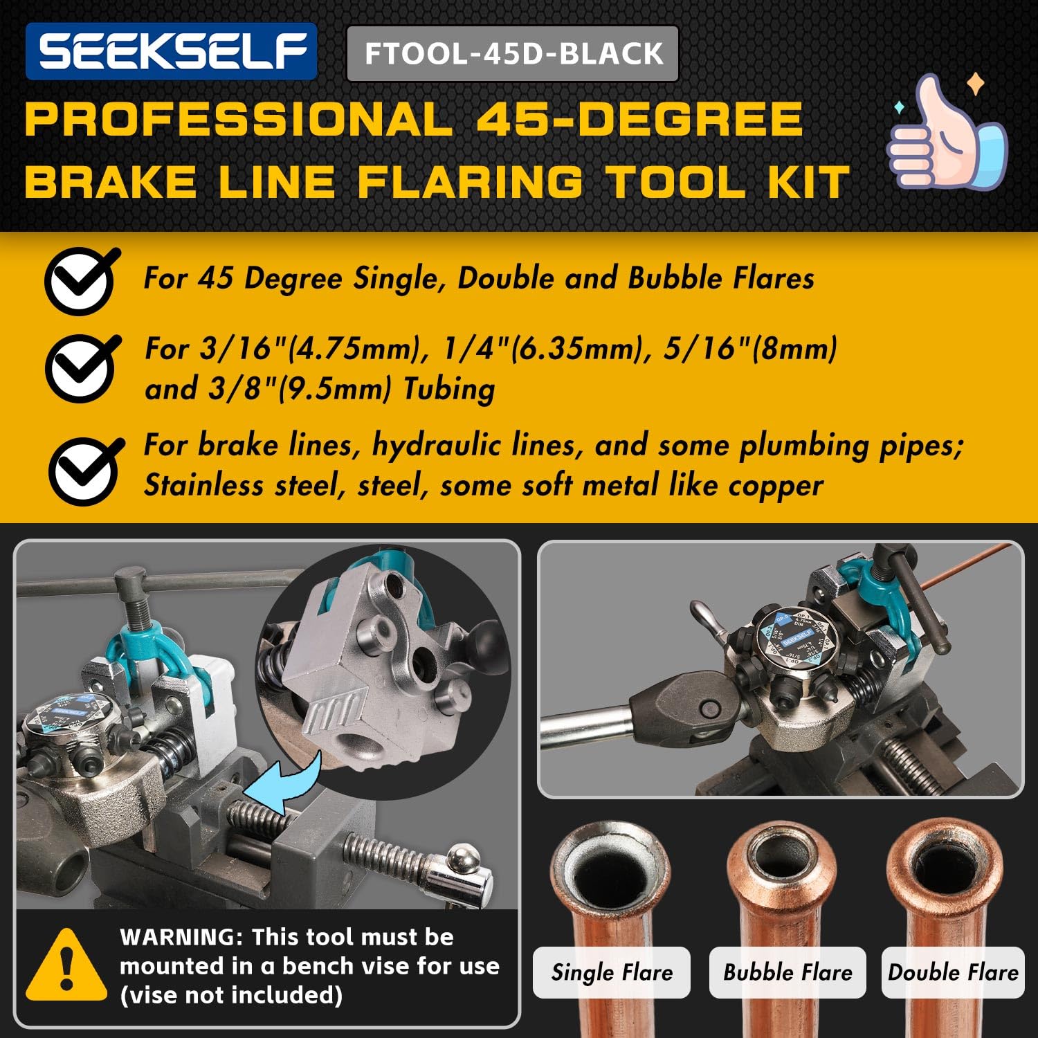 SEEKSELF split dies close-up demonstrating secure tubing alignment for accurate flares