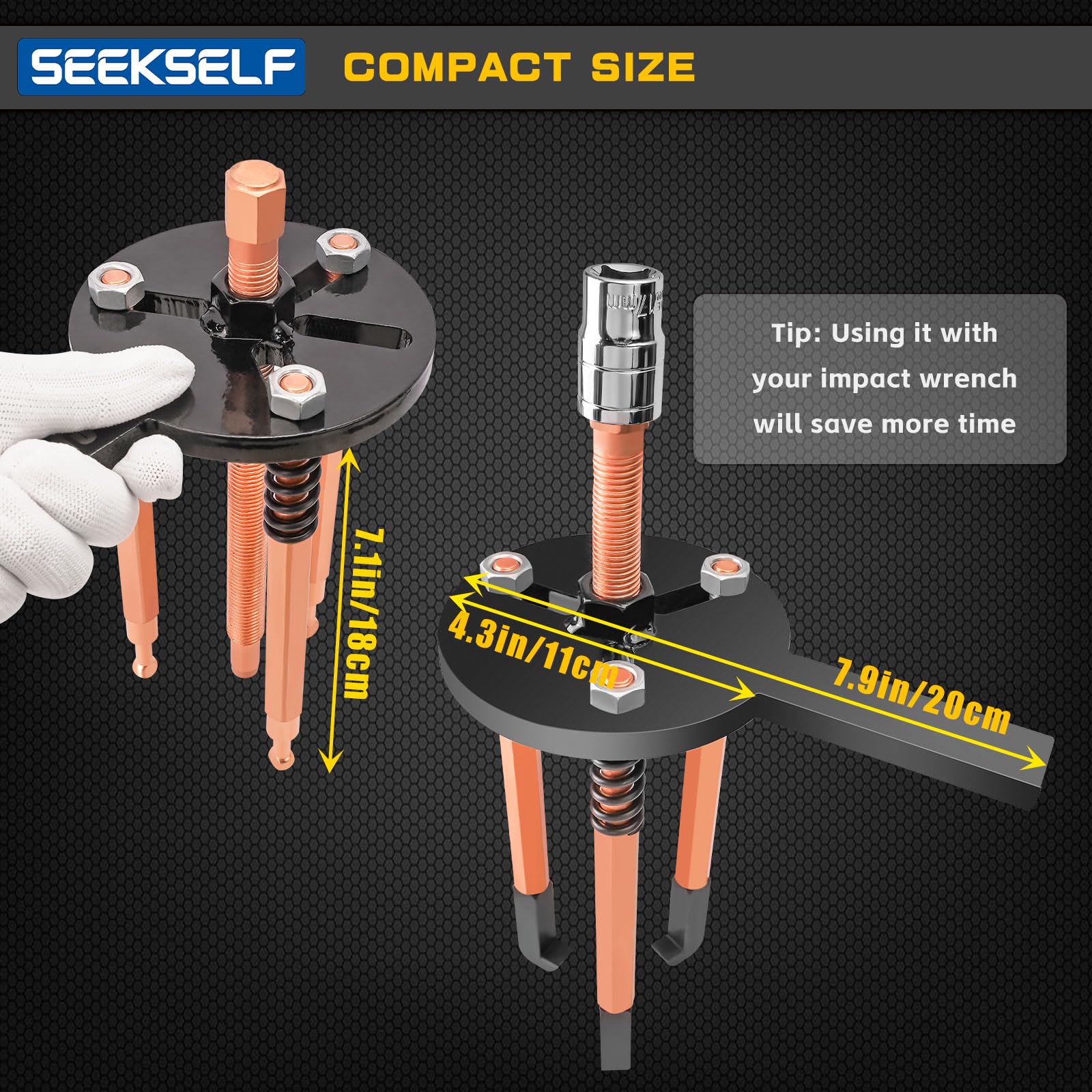 SEEKSELF closed storage case next to tape measure, showing compact organized portability