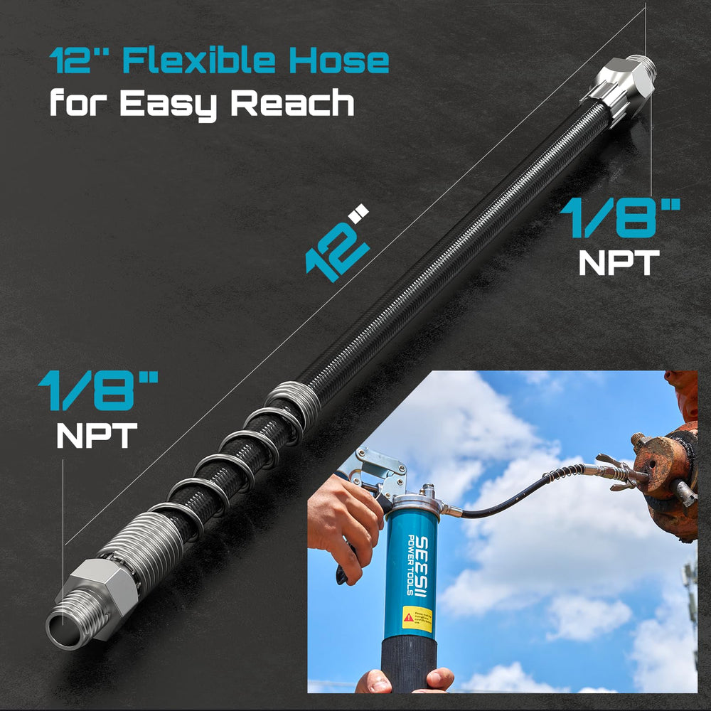 Seesii accessories attached to a grease gun proving universal 1/8" NPT fit