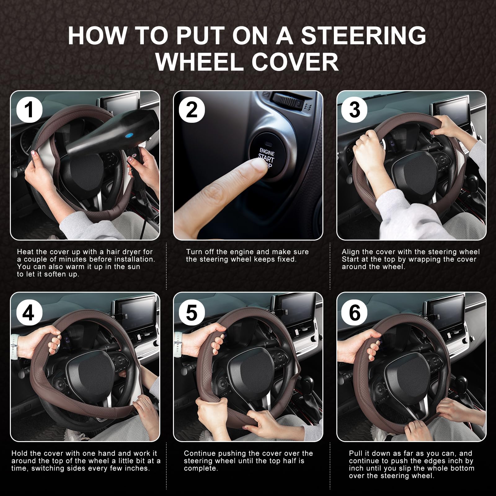 SEG Direct cover beside measuring tools, confirms fit for 14.5 to 15 inch steering wheels