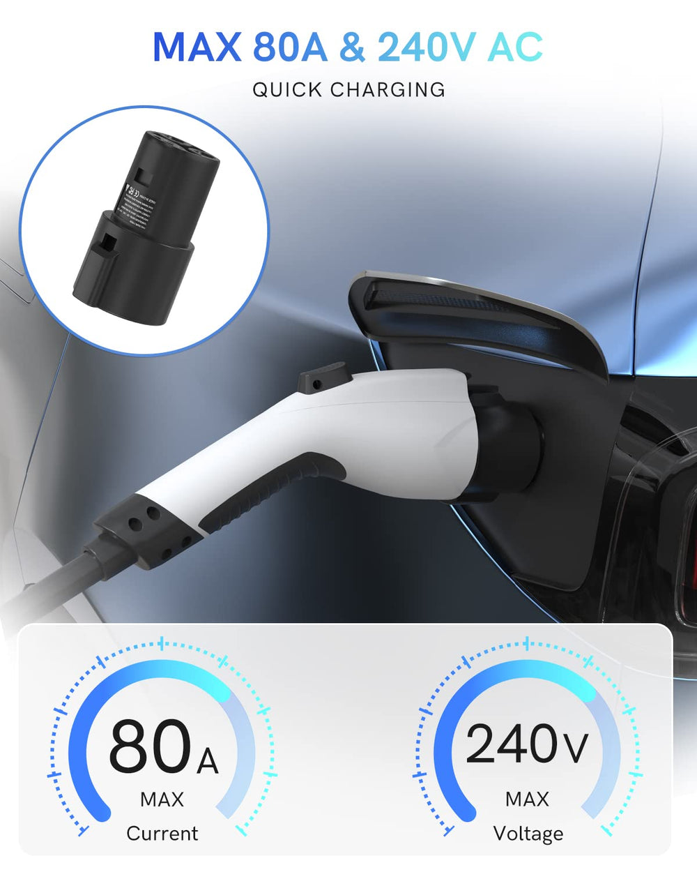 SEGUMA adapter plugged into a J1772 charger at a station, enables destination charging