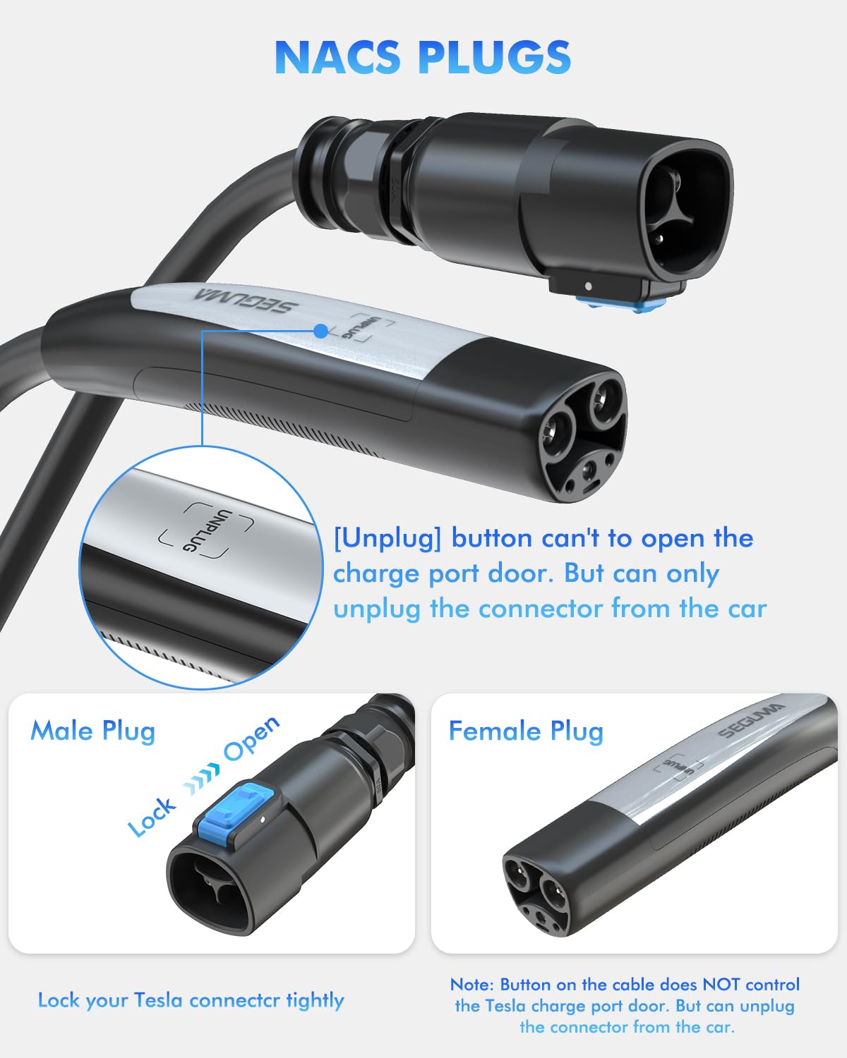 SEGUMA extension cable in use with Tesla parked at driveway demonstrating added reach convenience