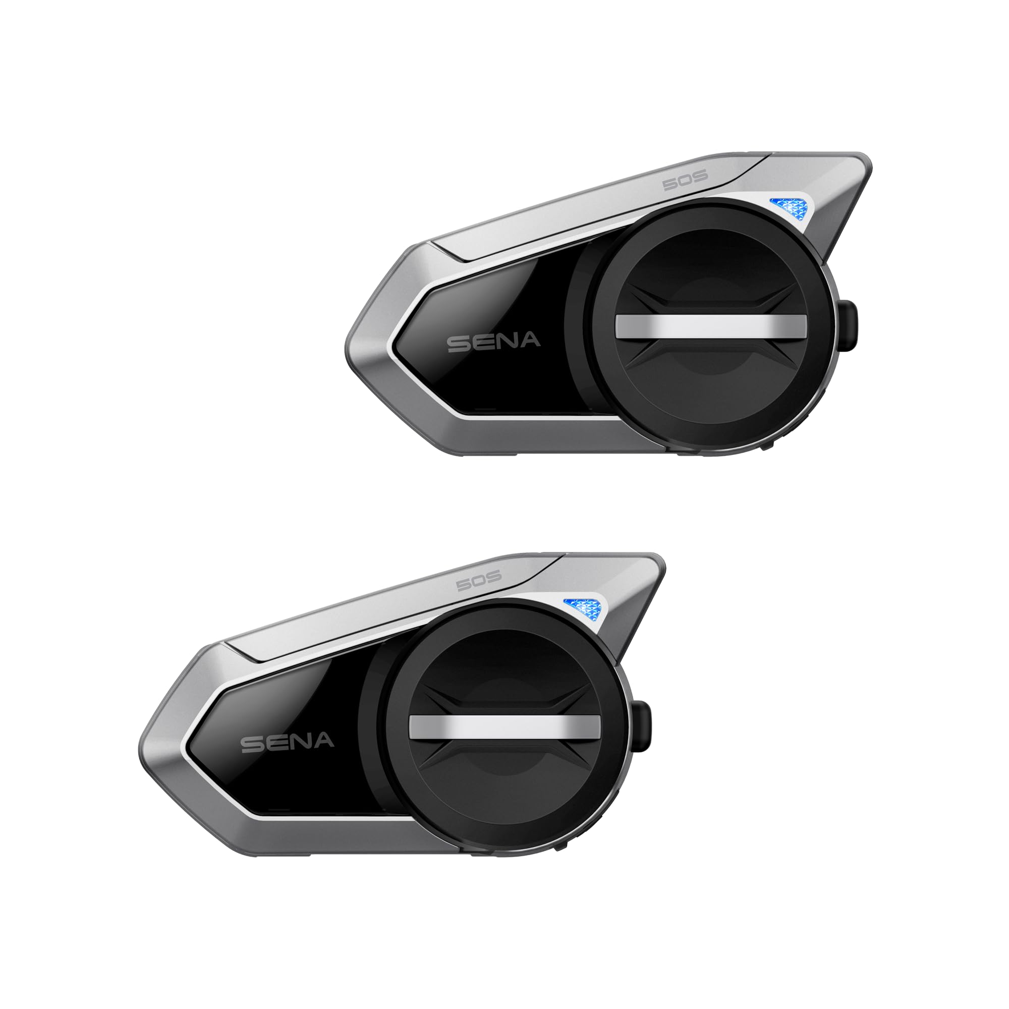 Sena 50S dual pack front view showing paired headsets and controls, clear setup benefit