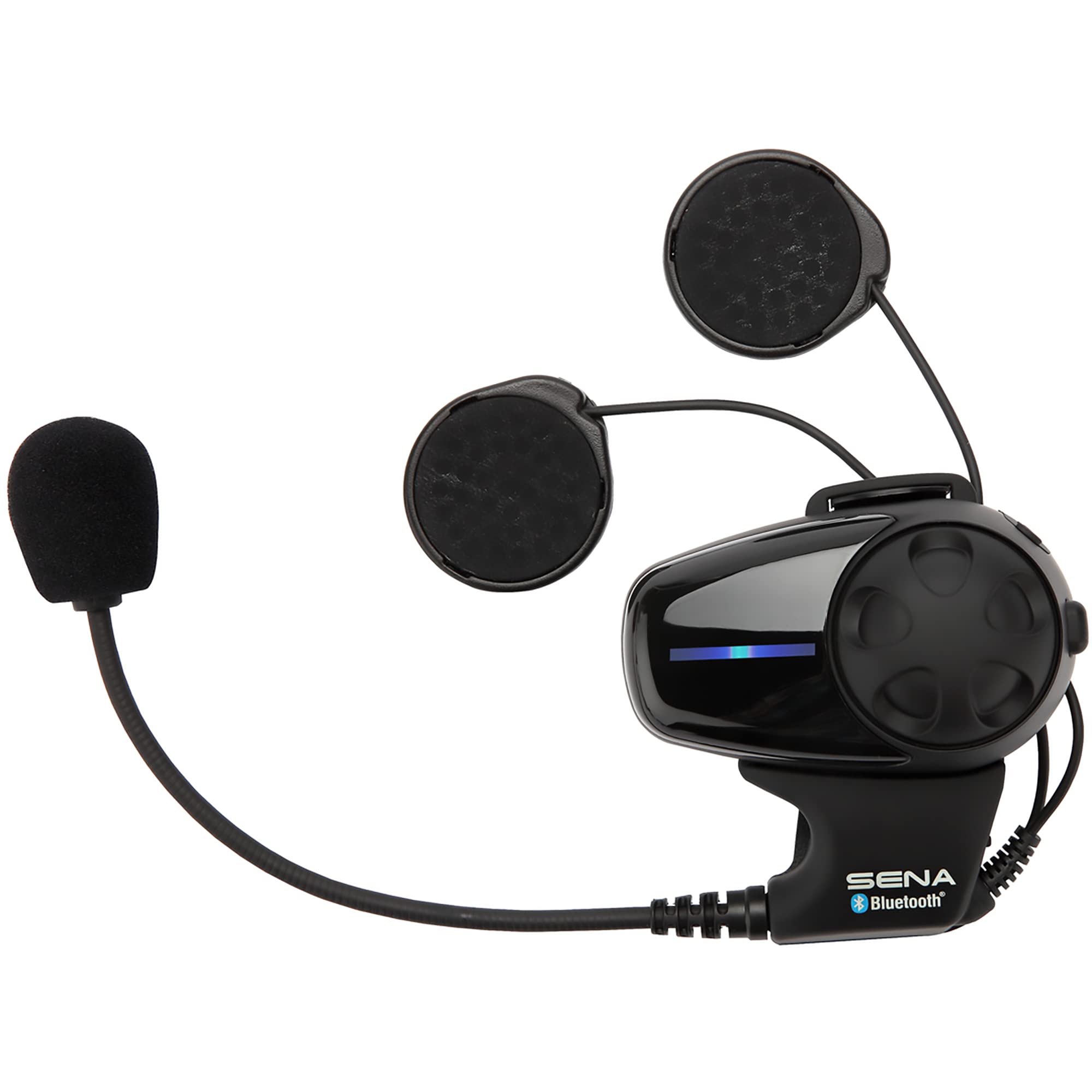 Sena SMH10-10 beside smartphone showing compact size and phone connectivity