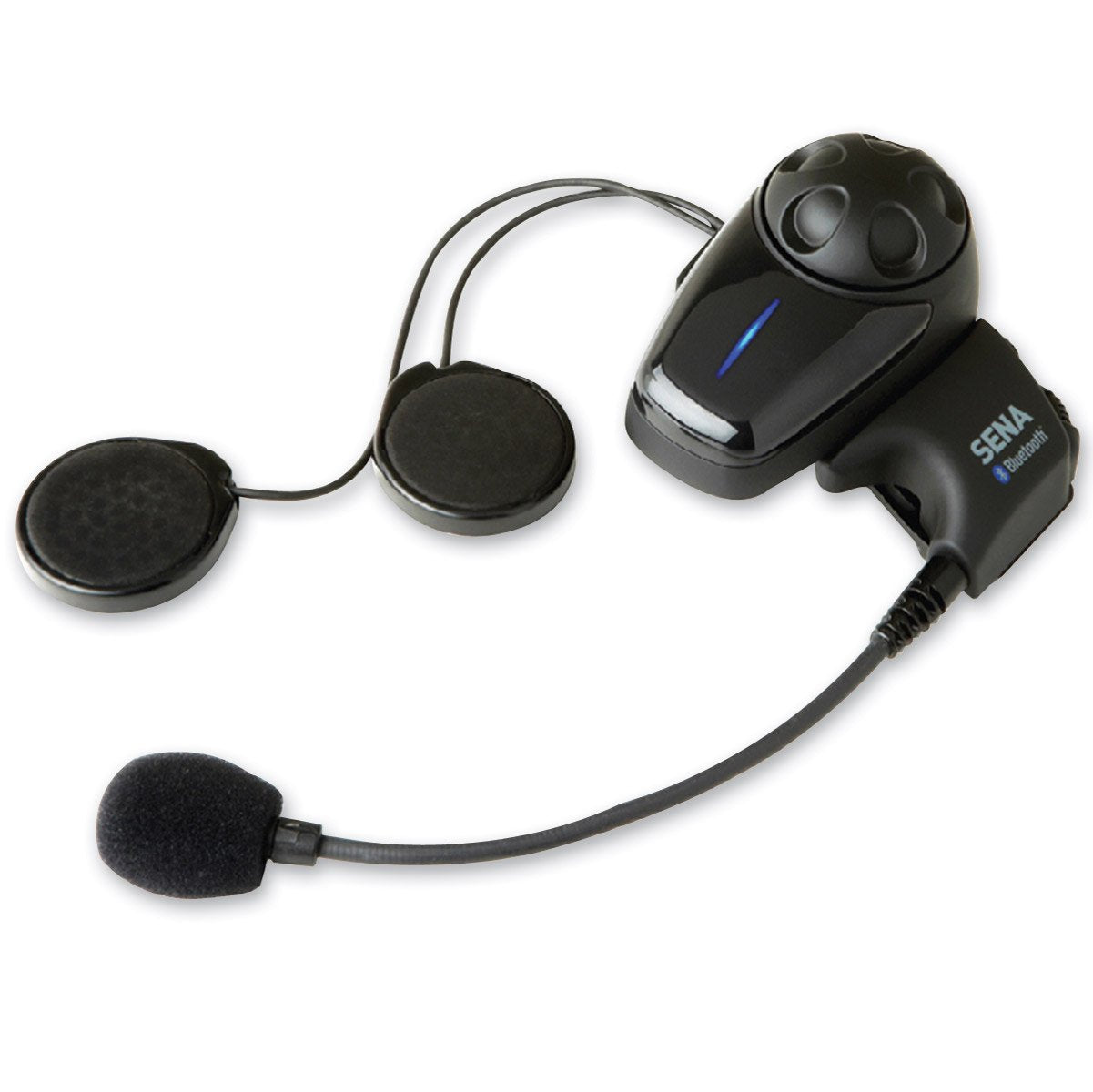 Sena SMH10 front view mounted on helmet showing controls and improved safety