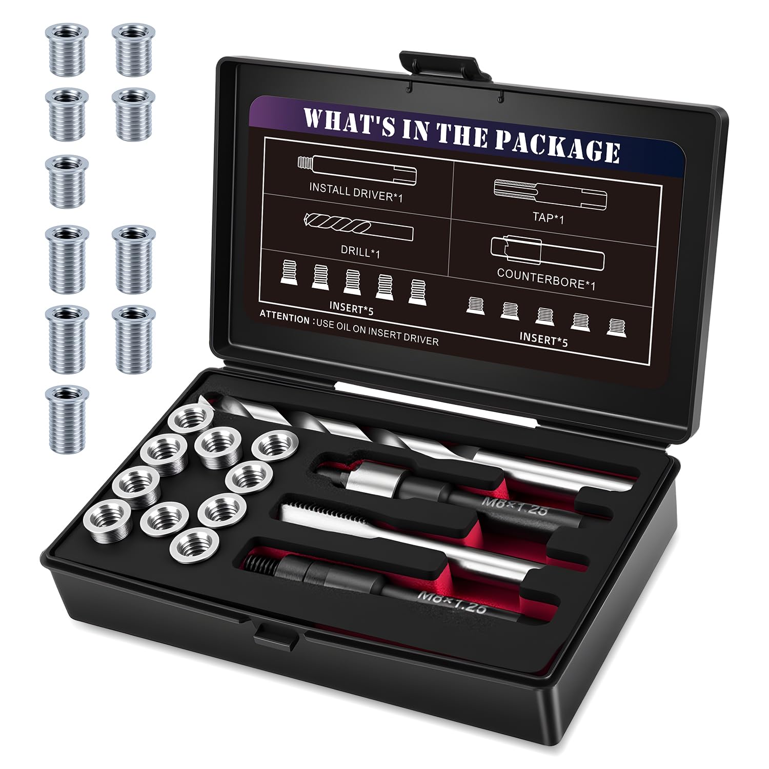 SENNMONN front packaging showing complete M8x1.25 repair kit, organized and portable