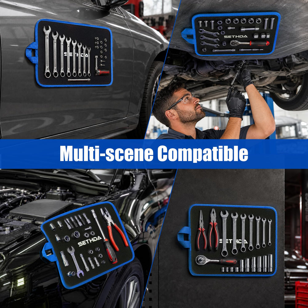 SETHDA mat beside wrench showing 13x10 size and organizational benefit