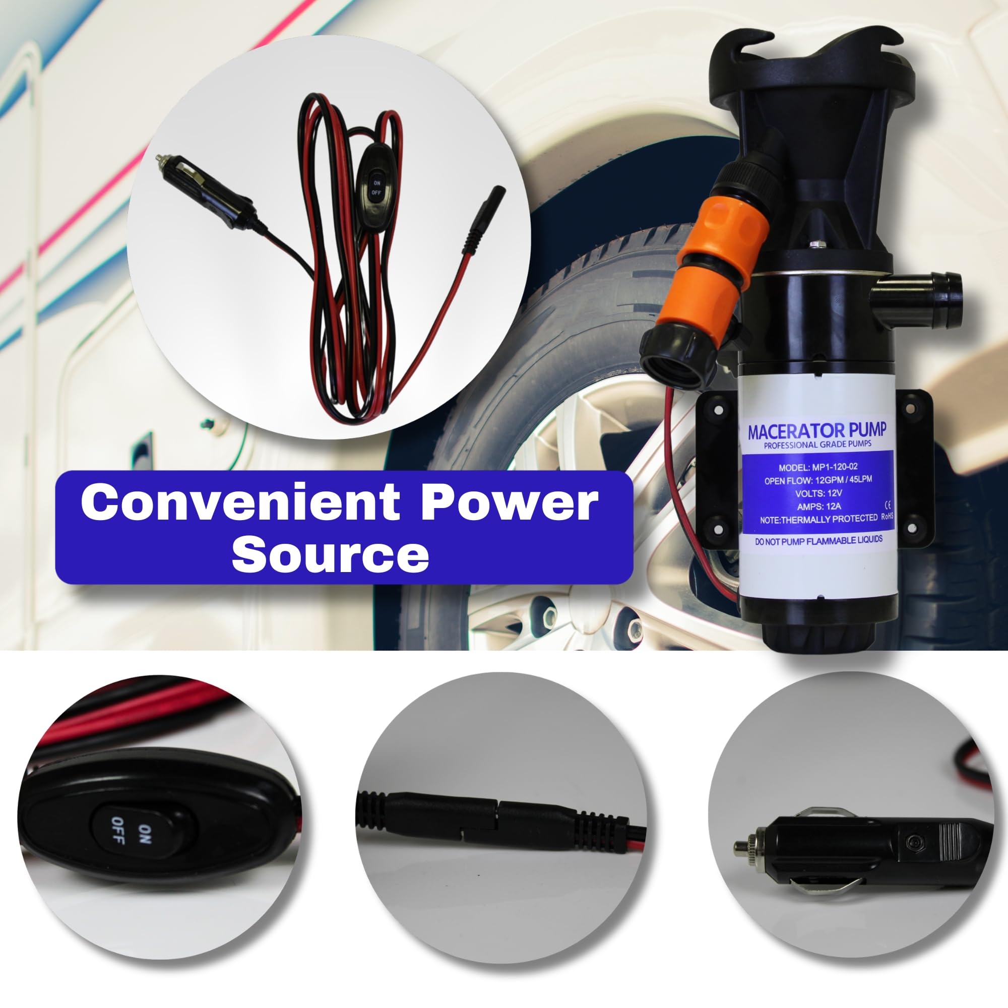 SewerFlo 12V cigarette-lighter plug and quick-disconnect wiring for easy power