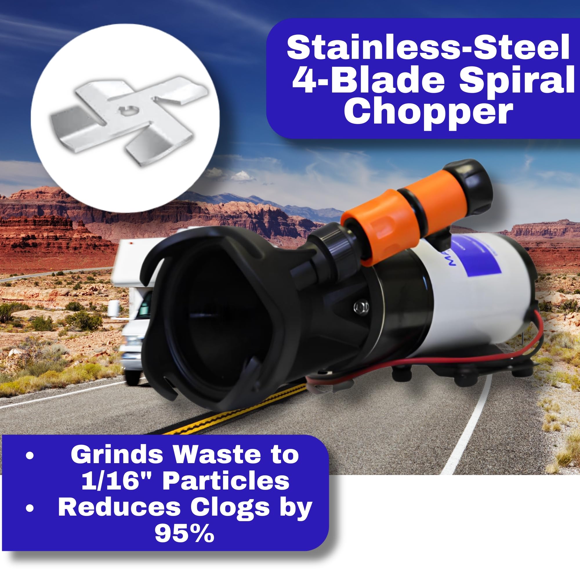 SewerFlo macro of spiral cutting blades that reduce clogs and improve flow
