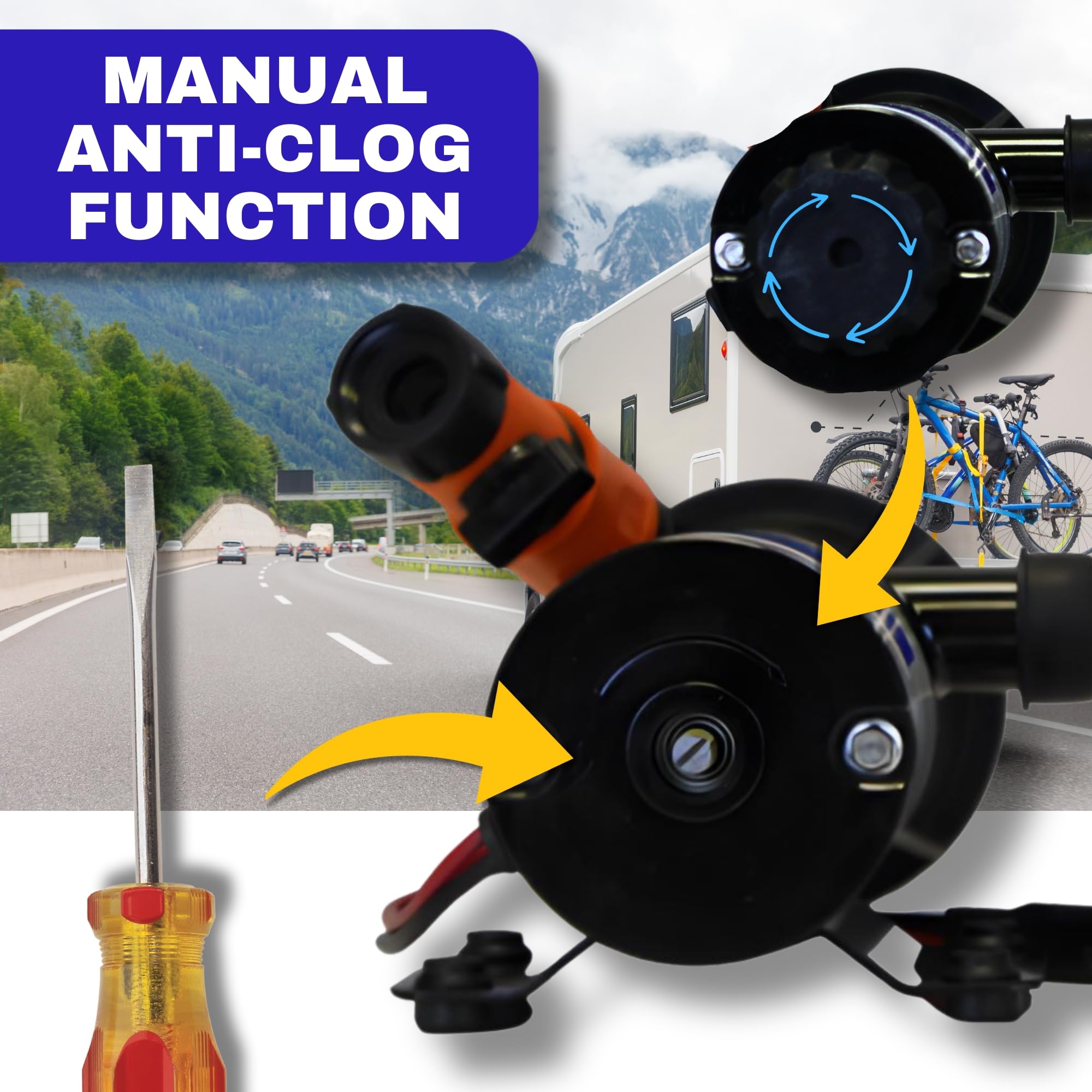 SewerFlo scale comparison beside an RV hose showing compact footprint and storage ease