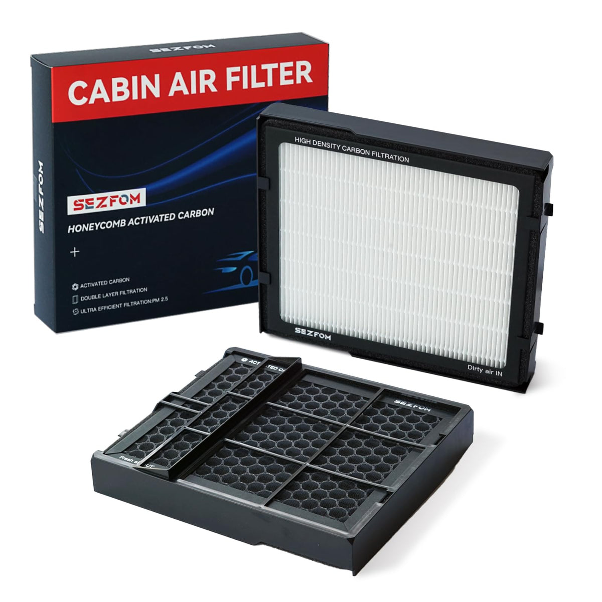Sezfom front view of packaged cabin filter showing ready-to-install convenience and brand