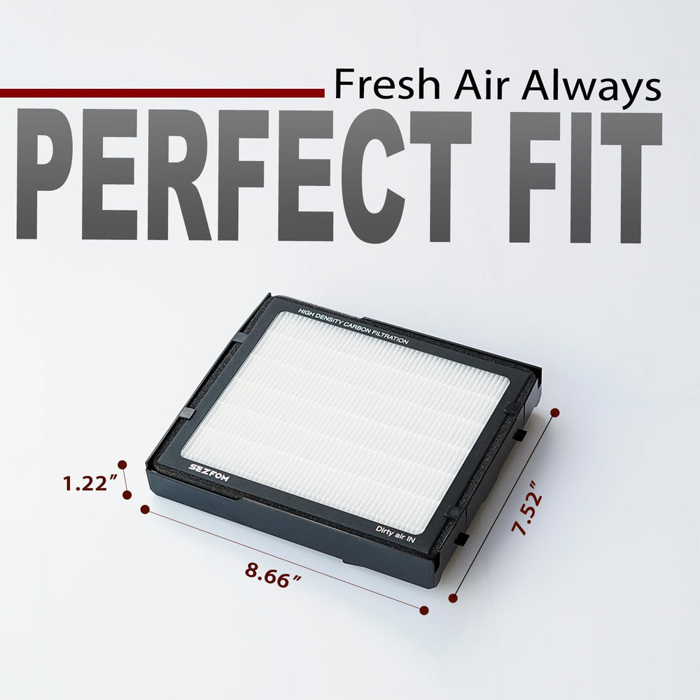 Sezfom filter pictured in a car interior illustrating fresher cabin air for passengers