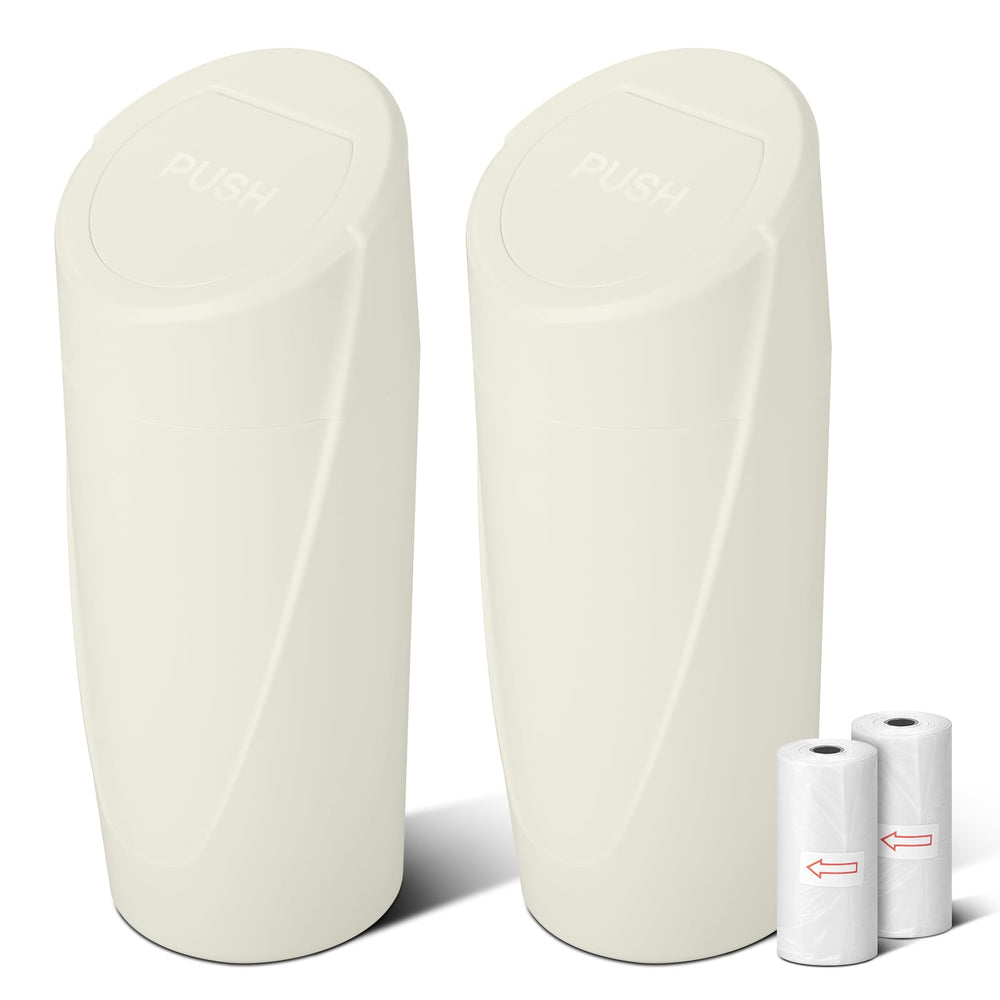 SGLRT front view of two cream trash cans showing compact design and storage benefit