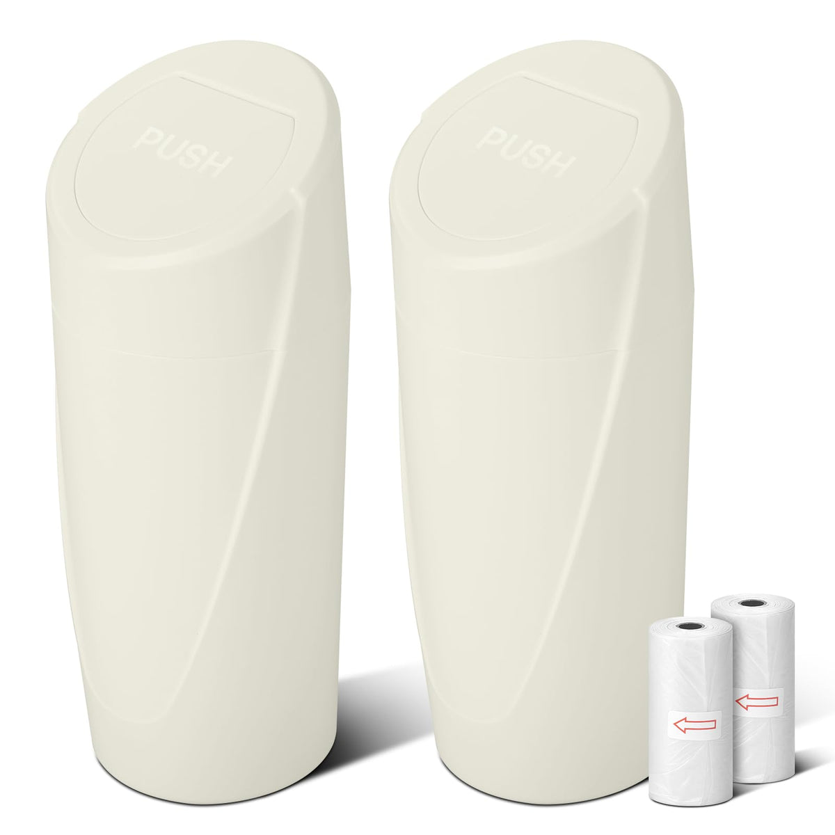 SGLRT front view of two cream trash cans showing compact design and storage benefit