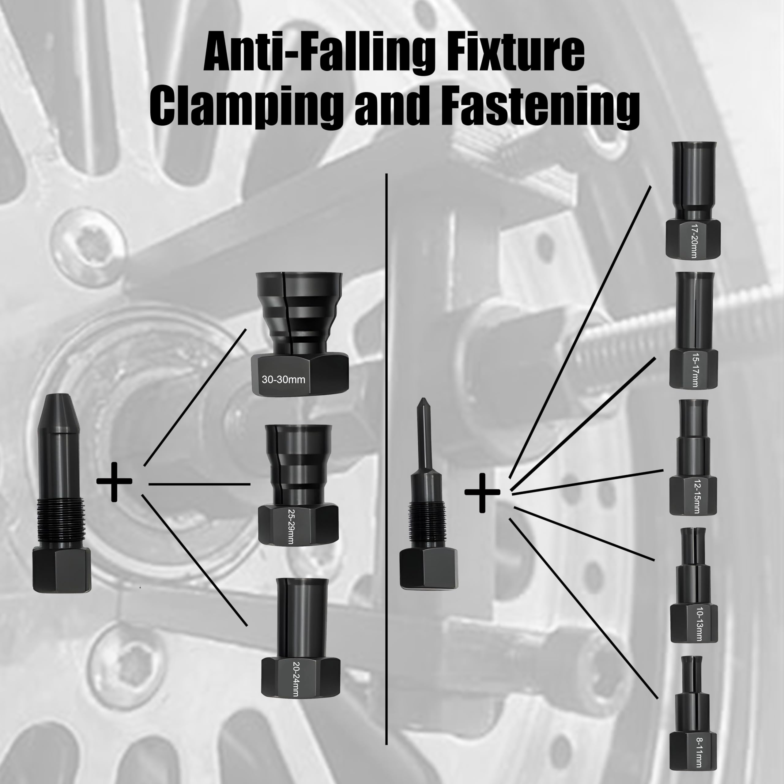 SGT SUPER GARAGE TOOLS eight expandable collets laid out showing size range and versatility