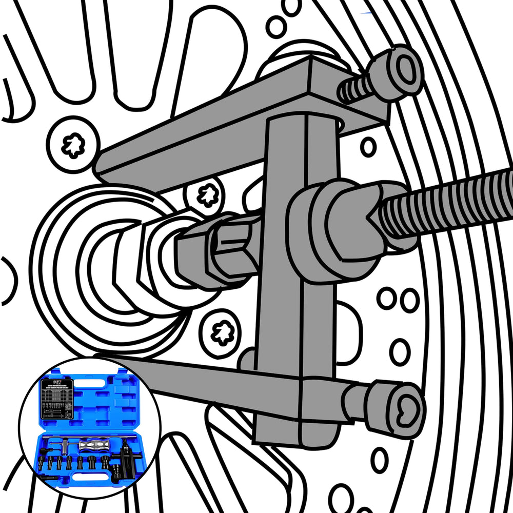 SGT SUPER GARAGE TOOLS kit in use on a car wheel hub showing safe bearing removal