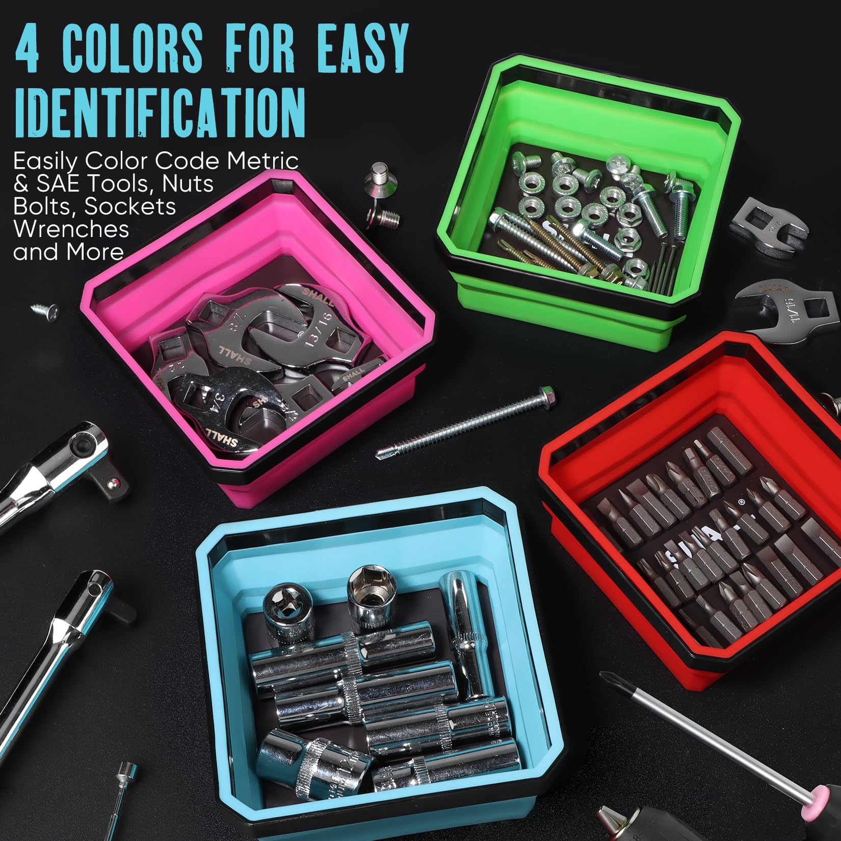 SHALL expanded tray holding screws and bolts showing secure containment while working
