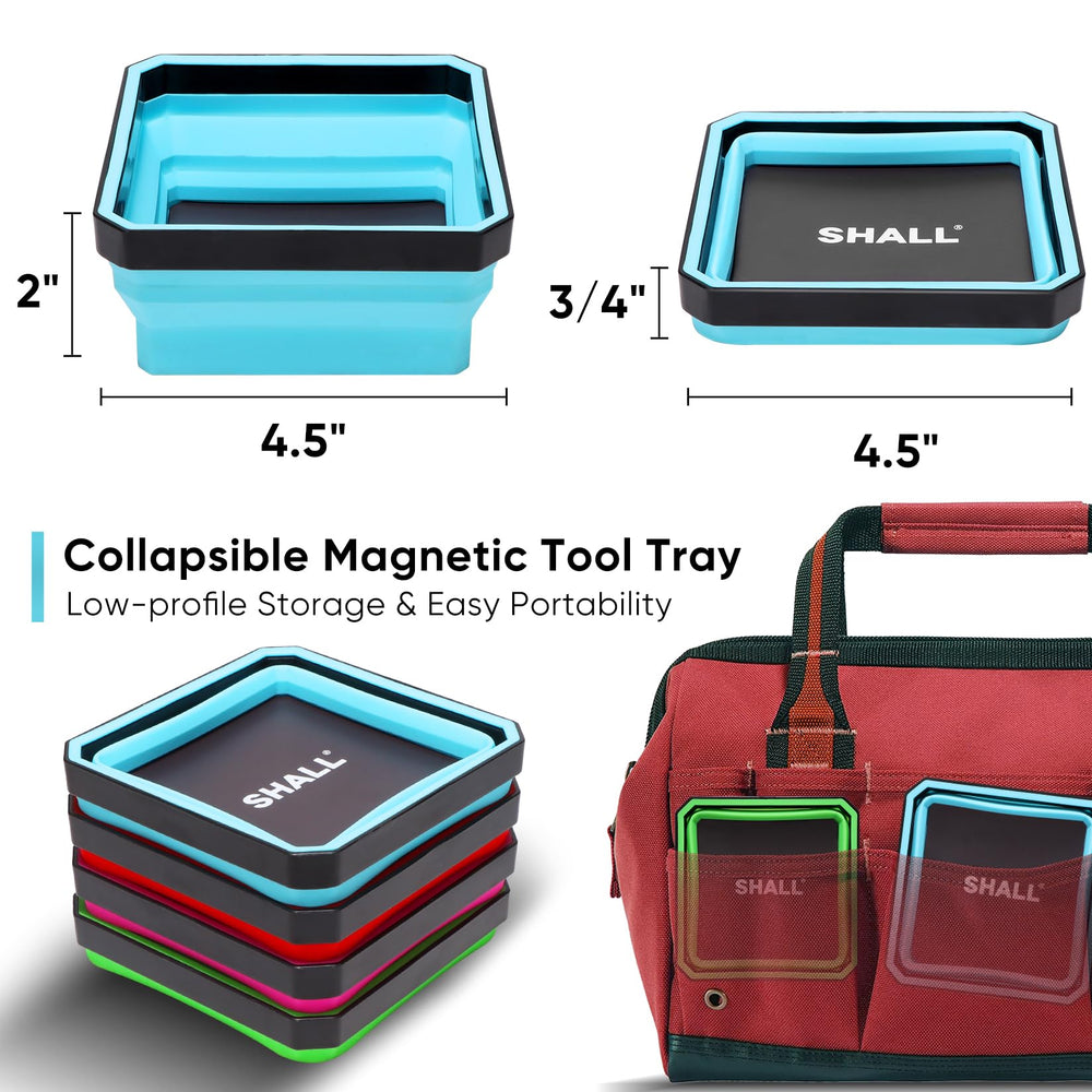 SHALL magnetic tray attached to car fender demonstrating secure vertical hold benefit