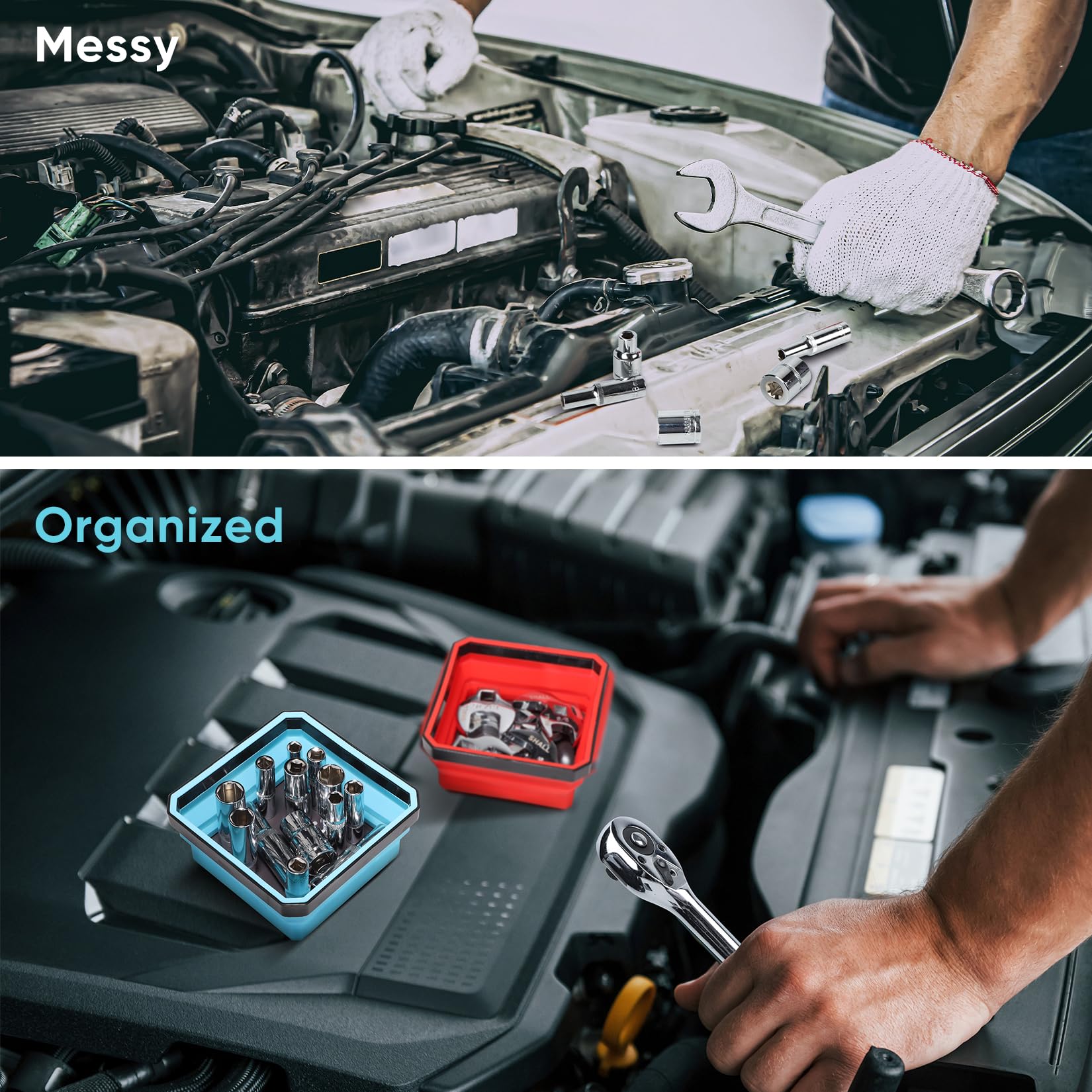SHALL color-coded trays inside a toolbox showing organized fastener sorting benefit