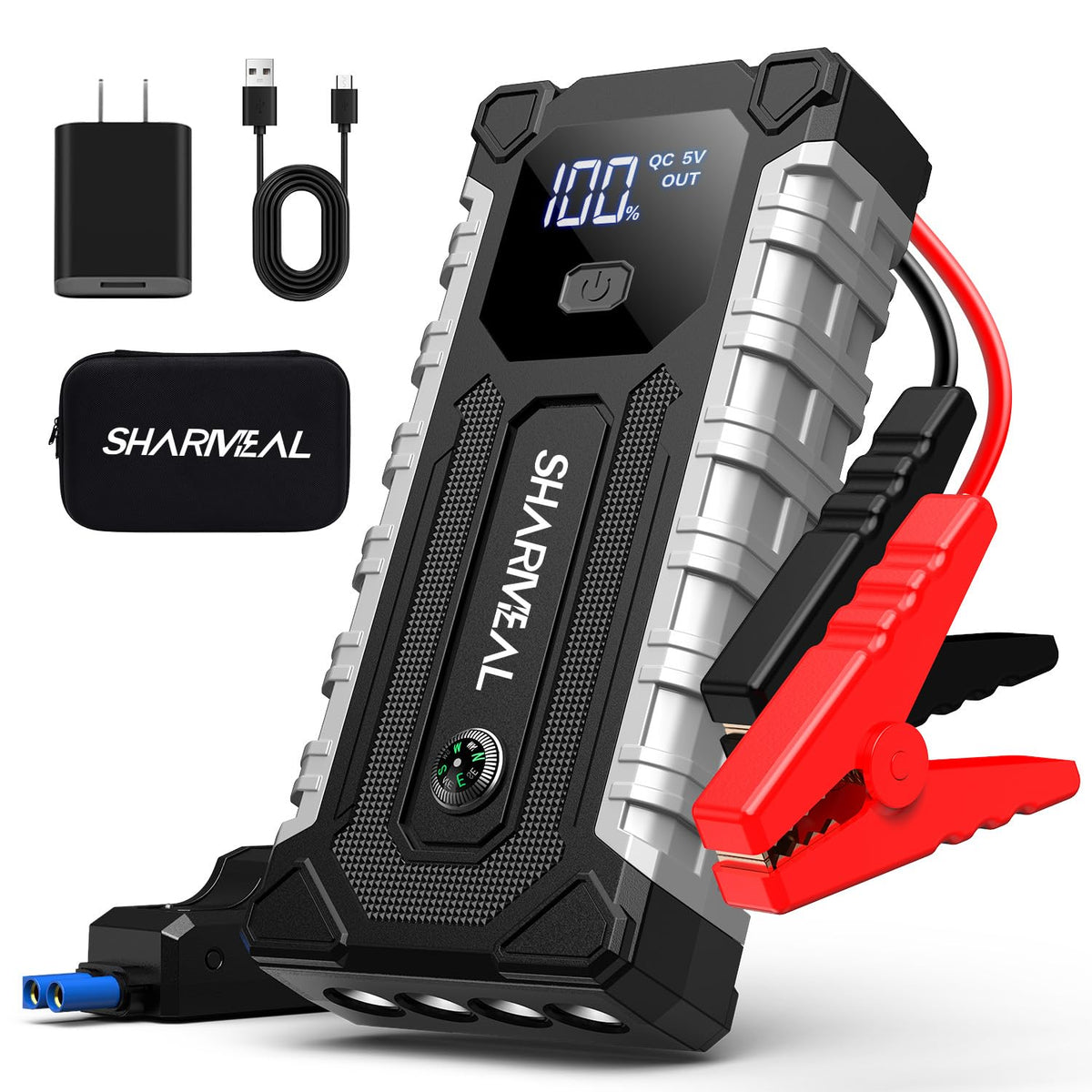 Sharmeal front view showing compact jump starter and portability benefit