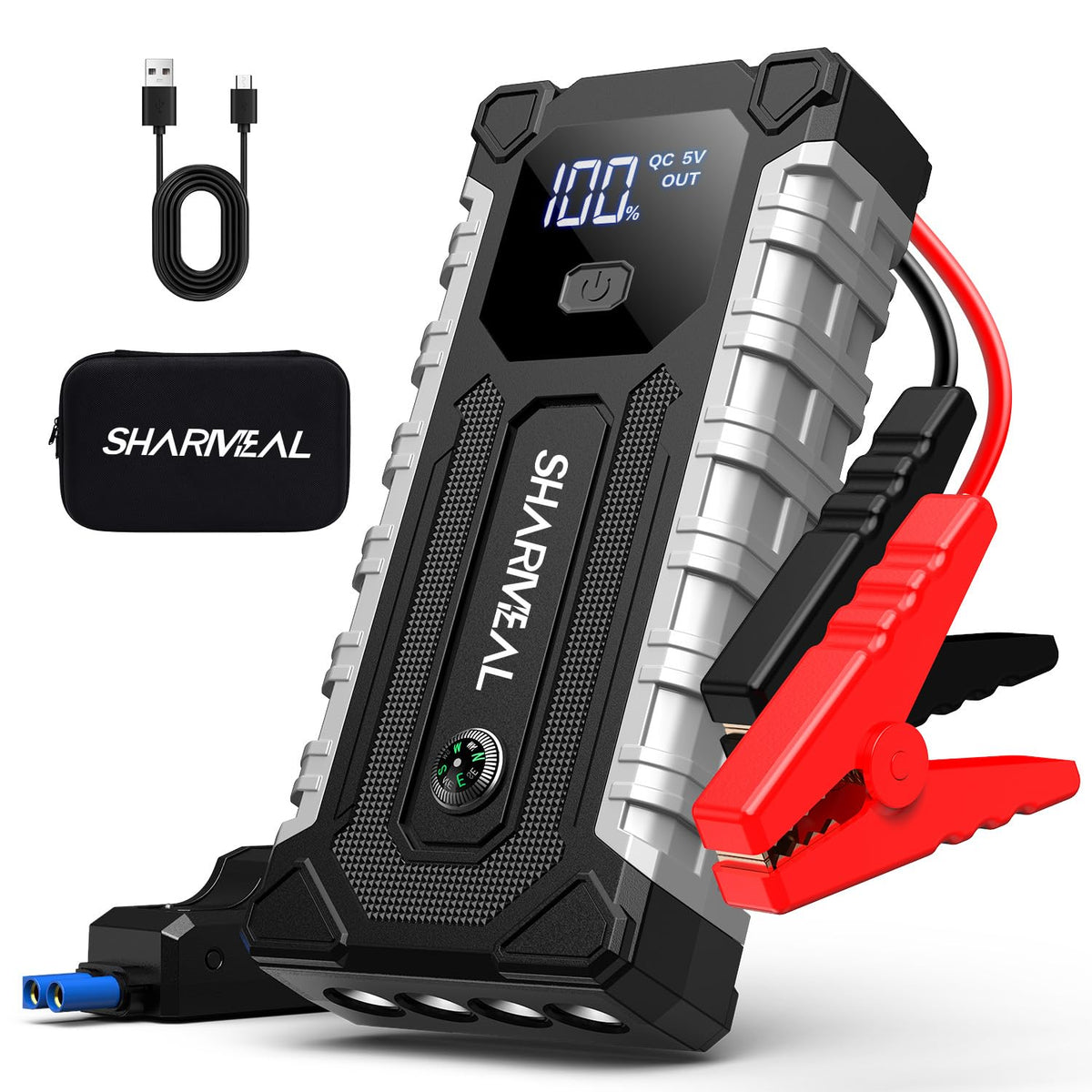 Sharmeal jump starter front view showing compact pack and label benefit: powerful portable starter