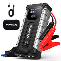 Sharmeal jump starter front view showing compact pack and label benefit: powerful portable starter