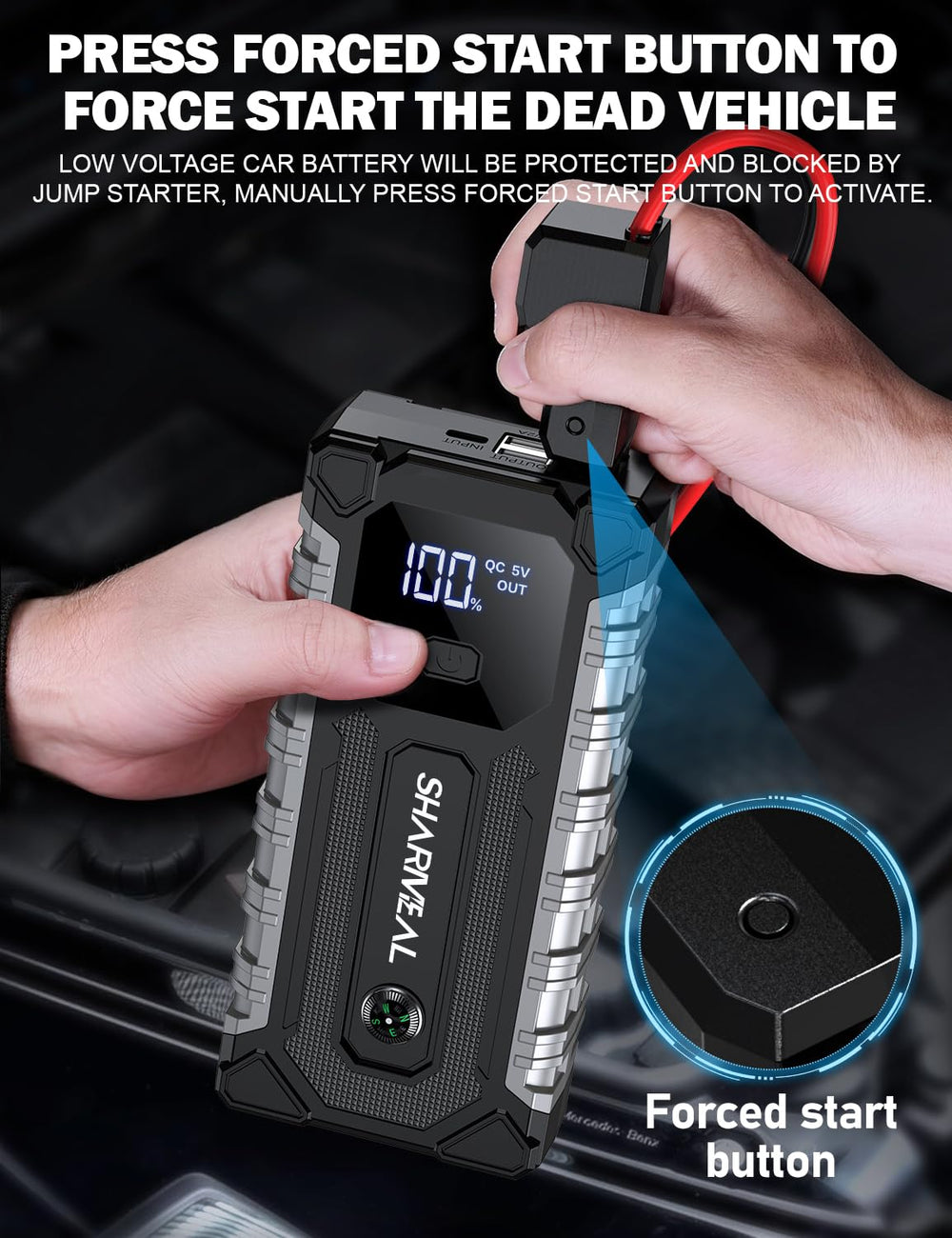 Sharmeal USB port and type-C input showing phone charging capability and fast recharge benefit