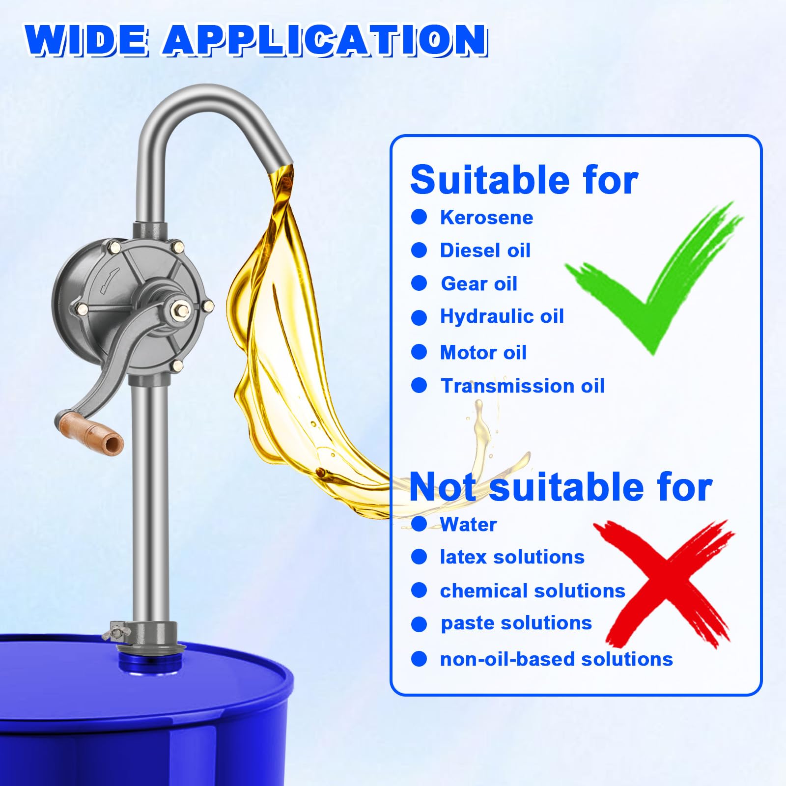 shdzzdzswy pump beside 5g and 55g drums showing adjustable length and scale