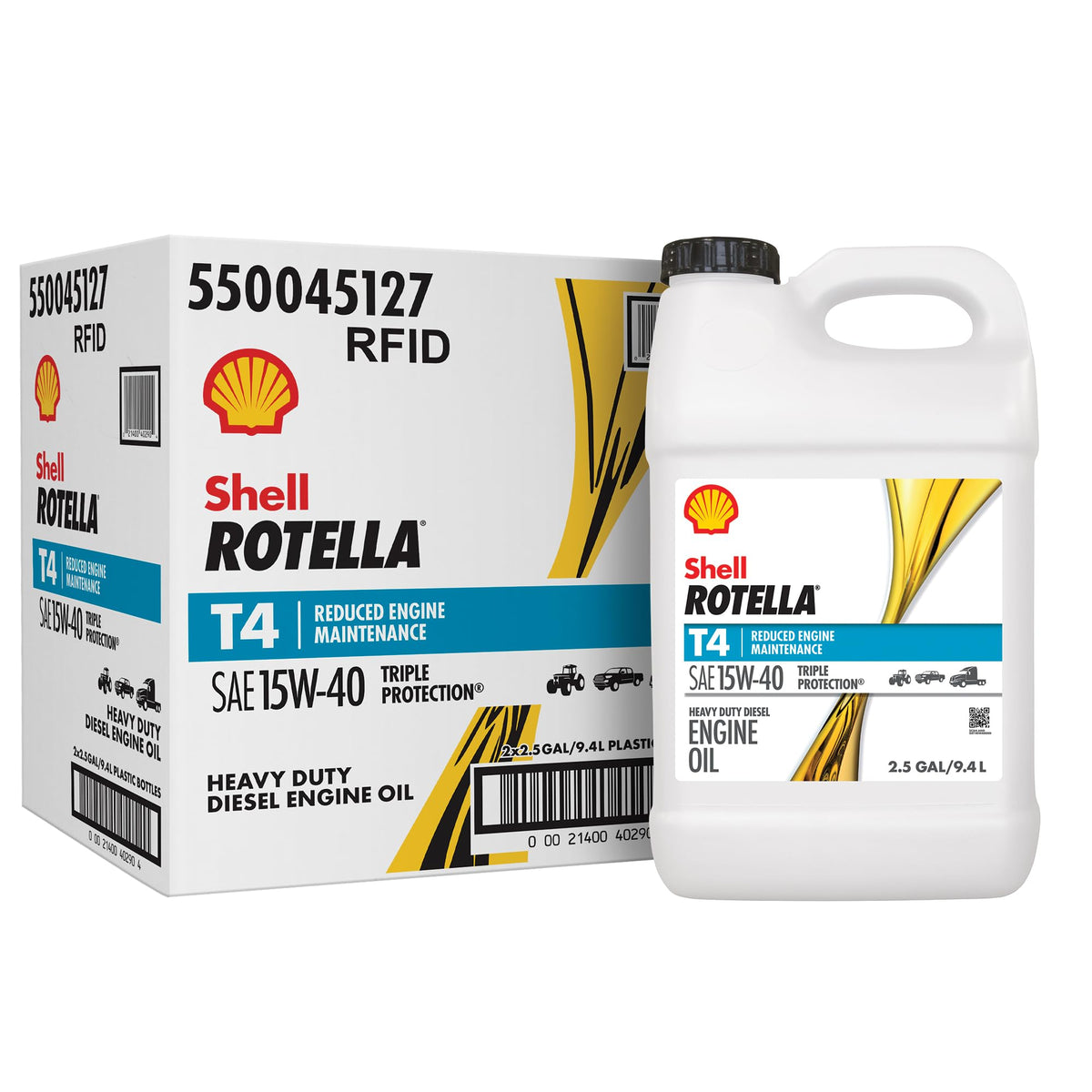 Shell Rotella T4 front packaging showing two 2.5 gallon jugs and durable packaging benefit
