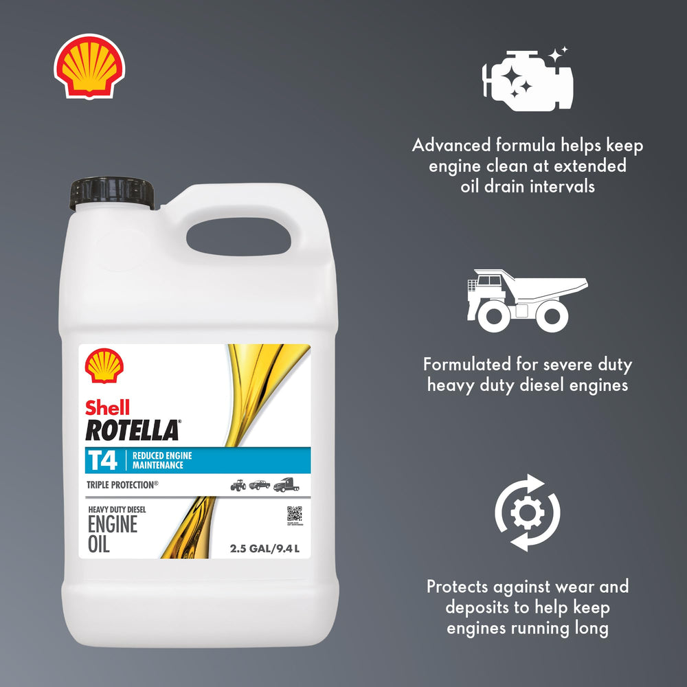 Shell Rotella T4 pouring action into funnel demonstrating easy pour and clean fill