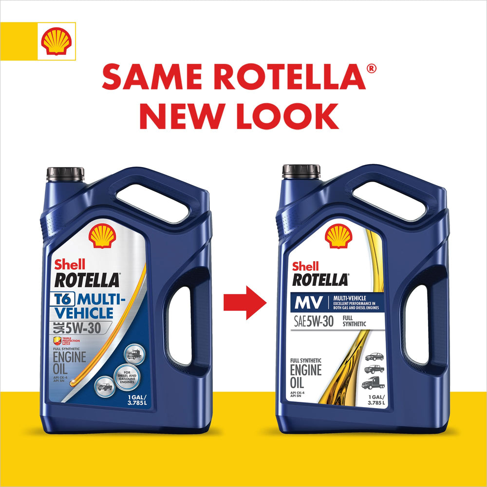 Shell Rotella 1-gallon bottle beside a measuring tape showing size and handling advantage
