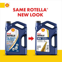Shell Rotella 1-gallon bottle beside a measuring tape showing size and handling advantage