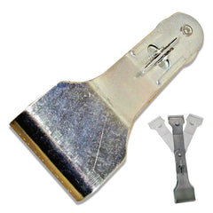 Sherco-Auto folded scraper beside ruler showing compact storage and safe transport