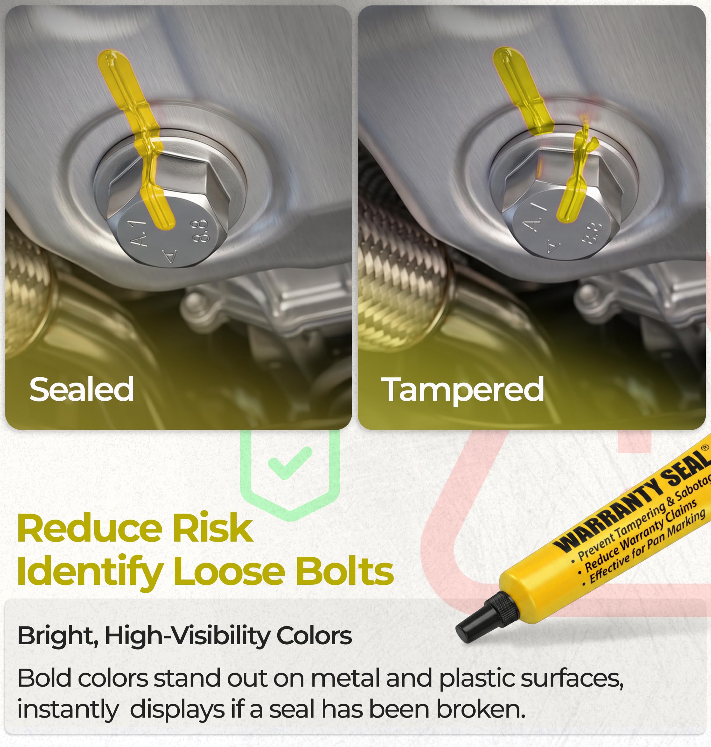 Sherco-Auto applied to drain plug in engine bay showing visible yellow mark for instant tamper detection