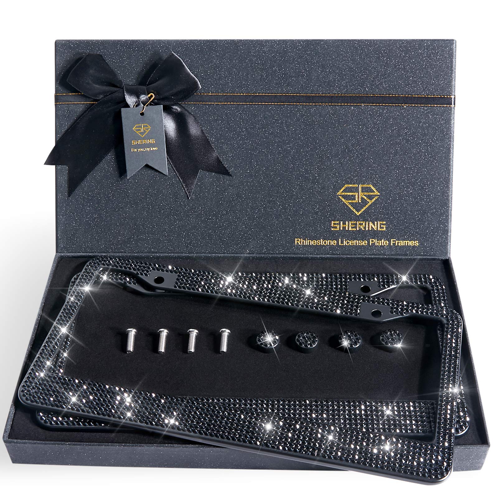 Shering front packaging showing black rhinestone frame and protective felt lining