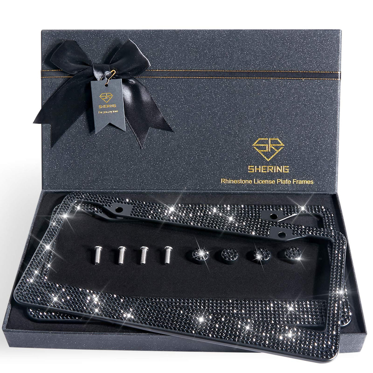 Shering front packaging showing black rhinestone frame and protective felt lining