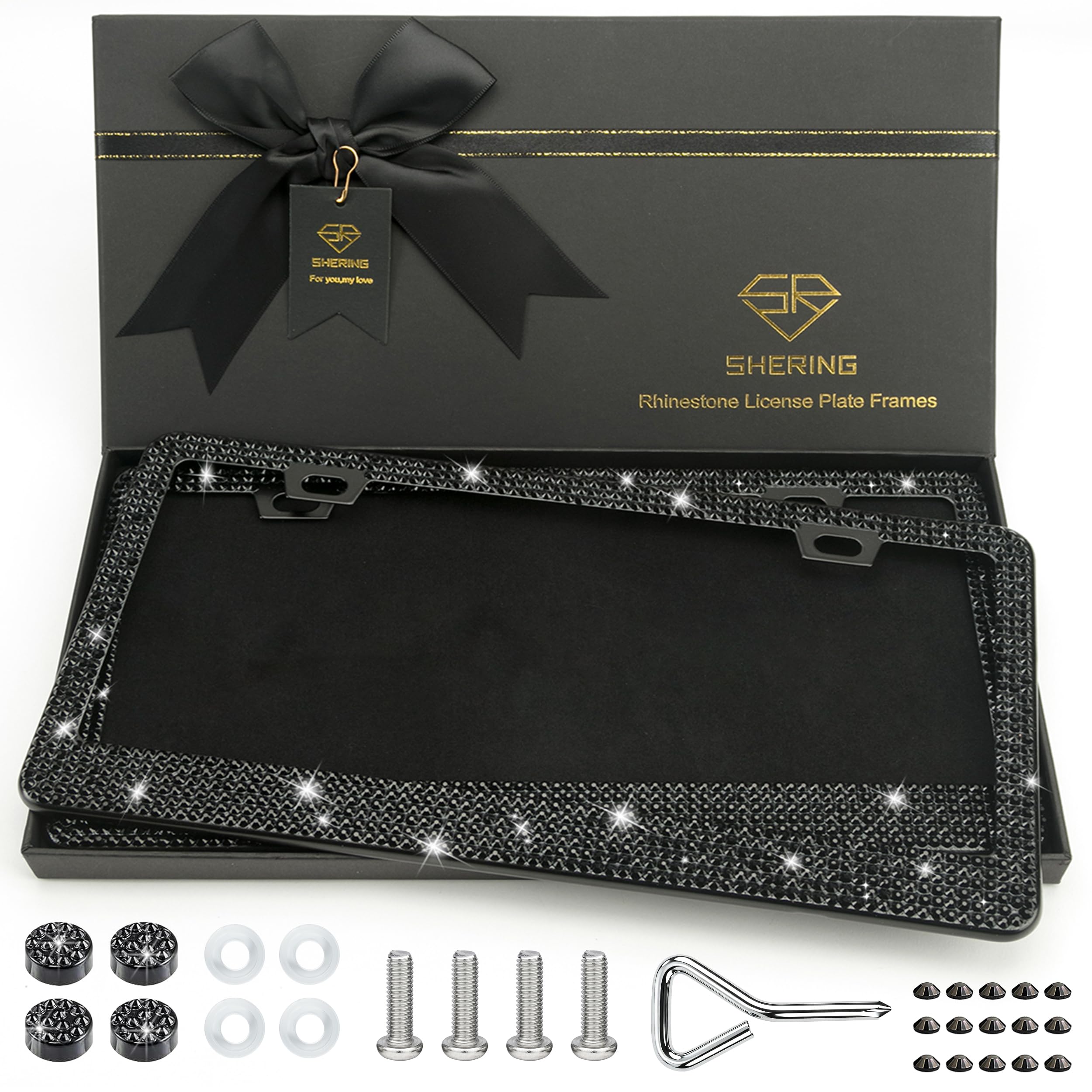 Shering front view of black rhinestone frame showing glamorous accent and durable look