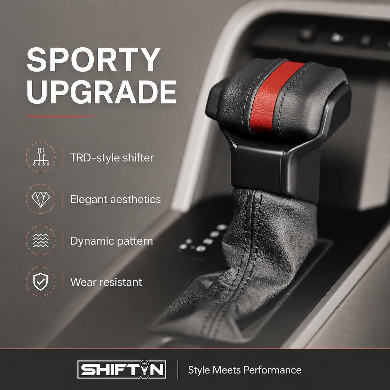 SHIFTIN close-up of red-black leather stitching for durable, grippy texture