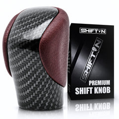 SHIFTIN front view of knob showing rioja red leather and carbon pattern benefit: premium look