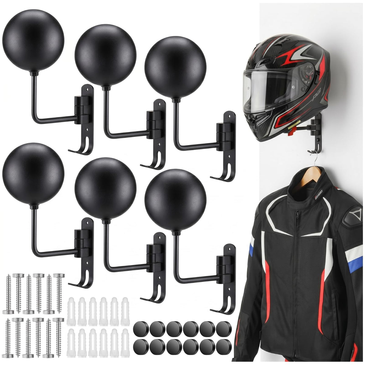 Shimeyao front view of six assembled wall mount racks showing organized helmets and space saving