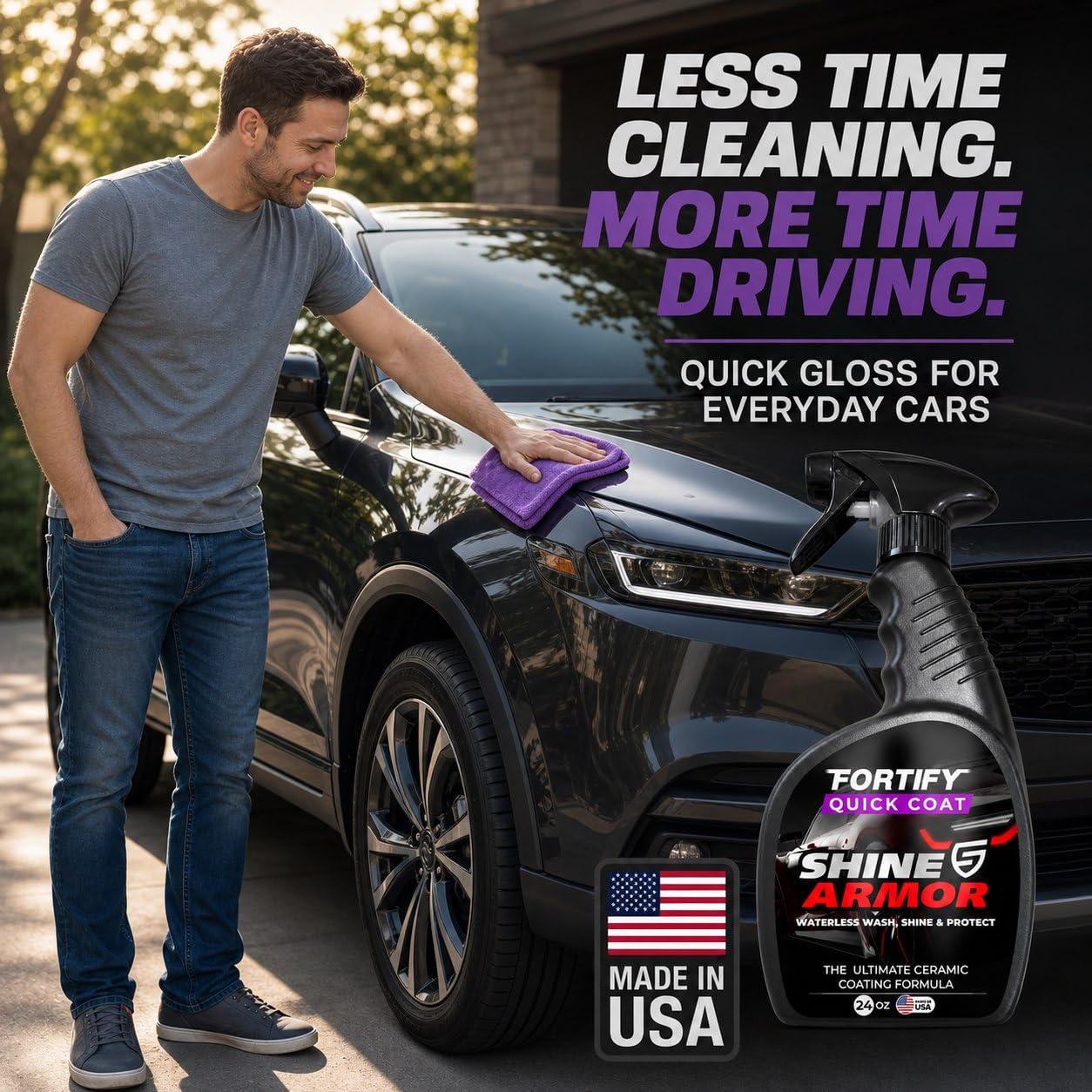 Shiny parked car after SHINE ARMOR use illustrating easy at-home detailing results