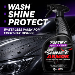 Hand spraying SHINE ARMOR on car panel highlighting quick spray-and-wipe convenience