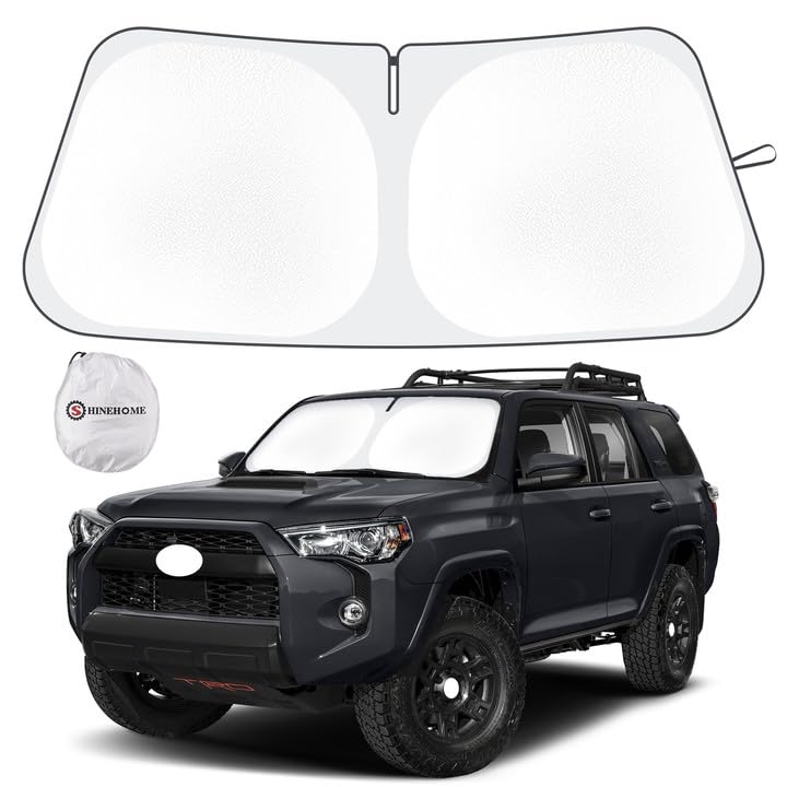 SHINEHOME front view of sun shade showing full windshield coverage and cool interior benefit