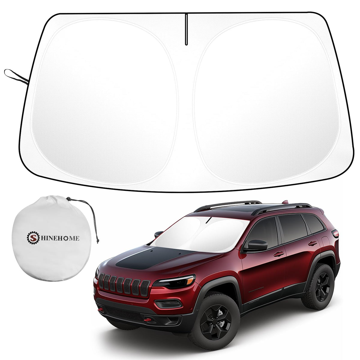 SHINEHOME front view sun shade showing full windshield coverage and cooler cabin benefit
