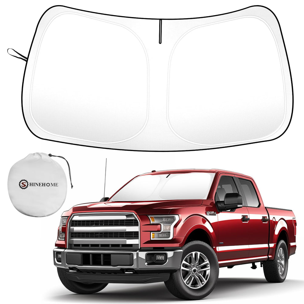 SHINEHOME front view of sun shade fitted to Ford F150 for full windshield coverage and cooling