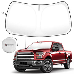 SHINEHOME front view of sun shade fitted to Ford F150 for full windshield coverage and cooling