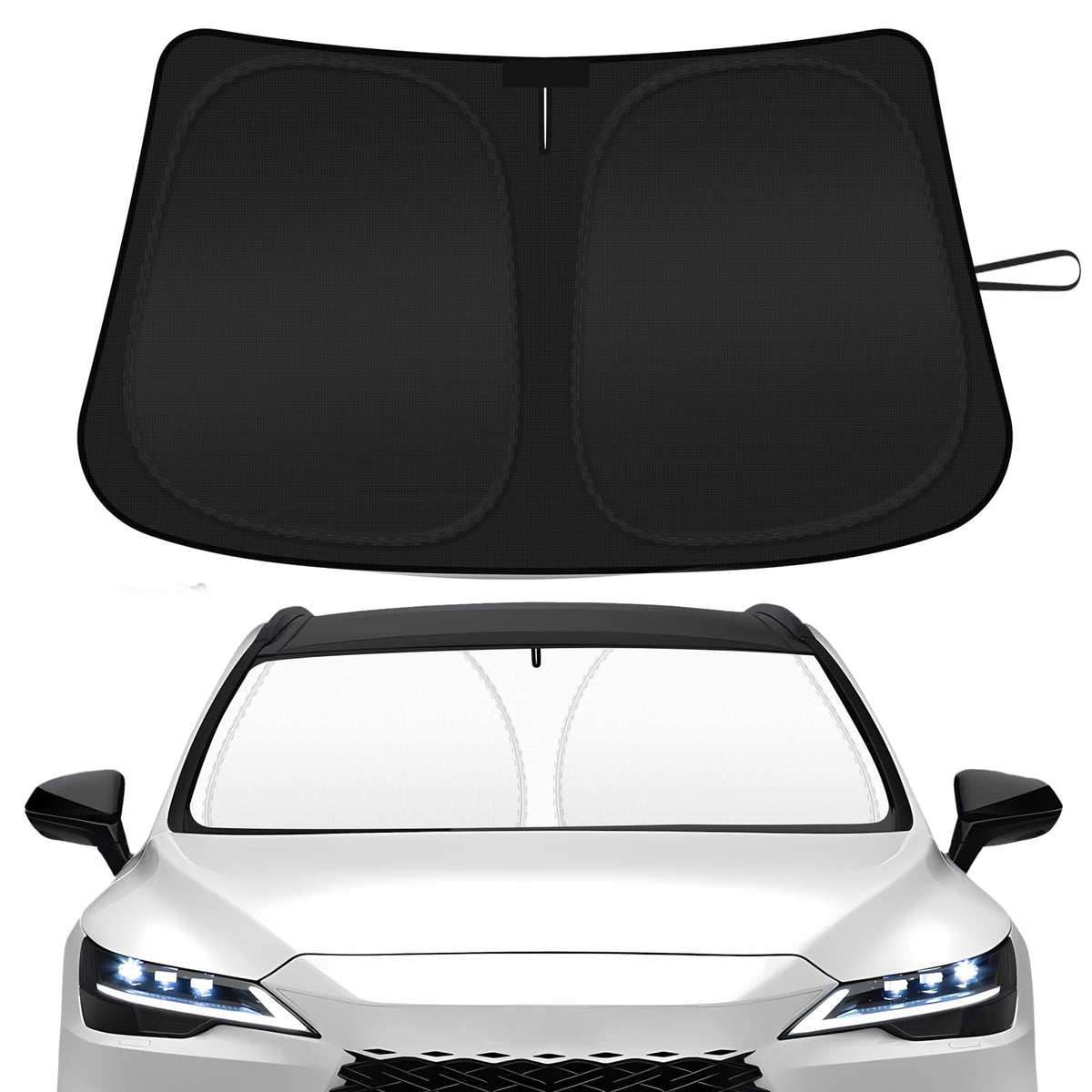 SHINEHOME front view showing custom-fit windshield coverage and sun protection